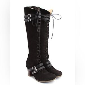 John Fluevog Black Suede Operetta Hjordis Boots with Buckles, Sz 10